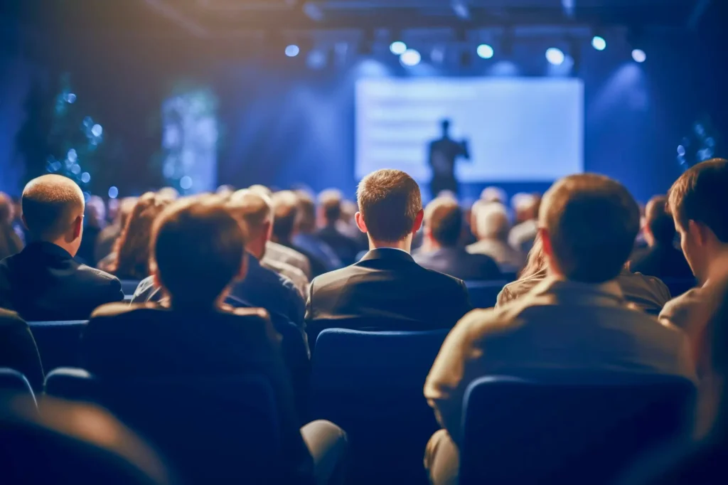 Audience attending business conference presentation in auditorium