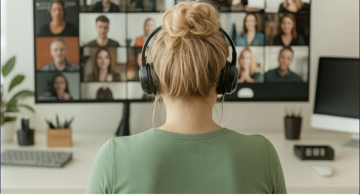 Woman wearing headphones attending virtual team meeting