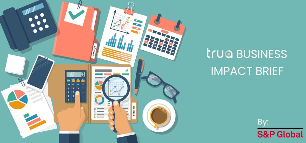 Business impact brief with charts, calculator, and magnifying glass