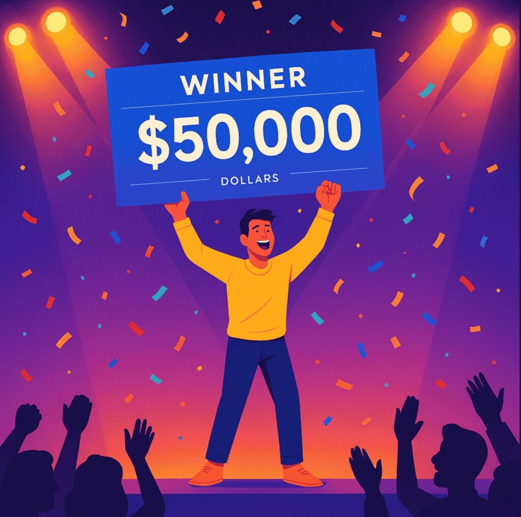 A graphic image with man holding a board with his winning money