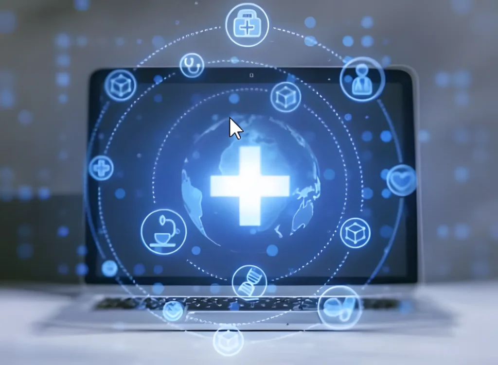Digital healthcare interface with medical icons over laptop