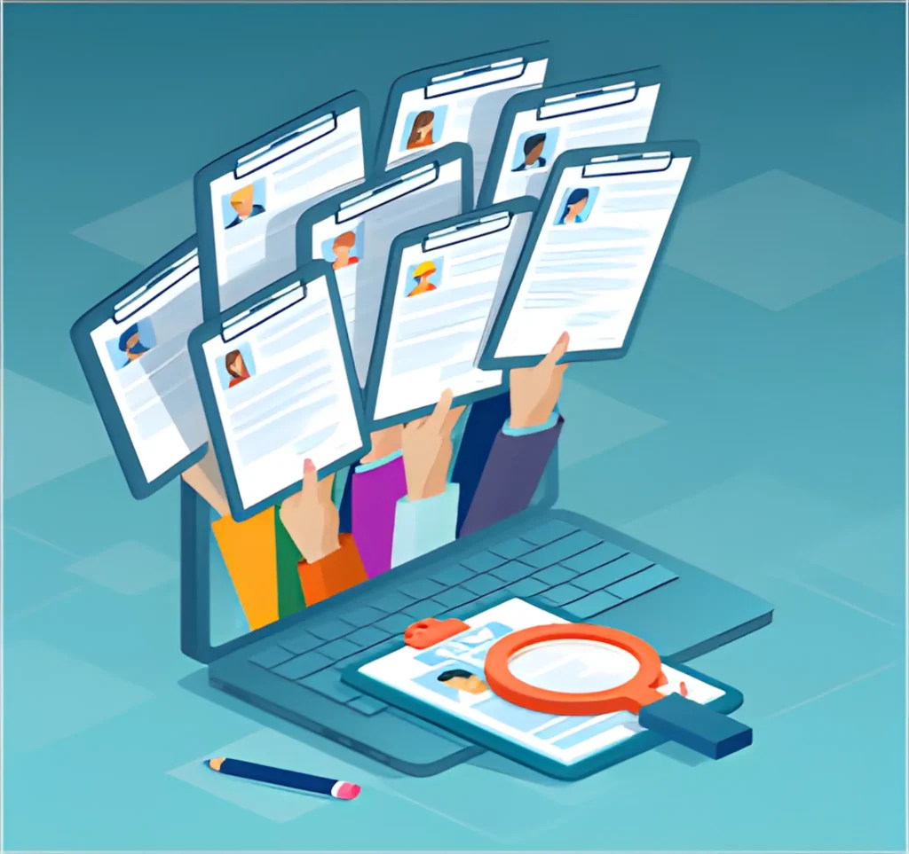 Multiple resumes displayed above laptop with magnifying glass