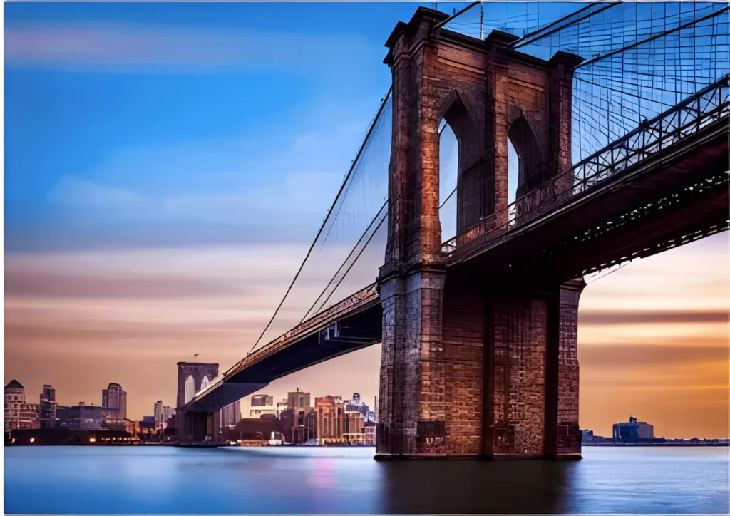 Brooklyn Bridge at sunset over calm New York waters