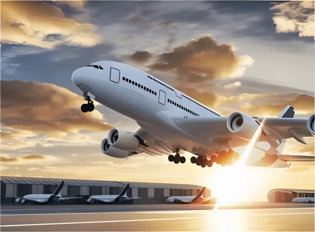Commercial airplane taking off from airport runway at sunrise