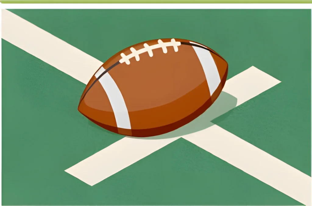 American football resting on field yard line marking