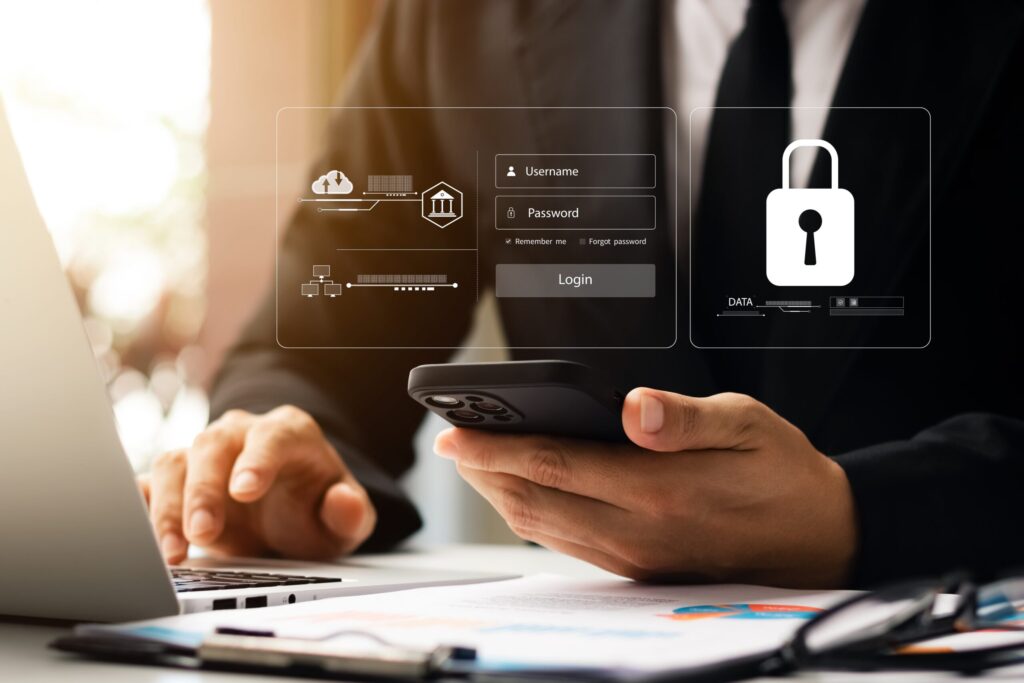 Businessman using smartphone with secure login and data protection interface