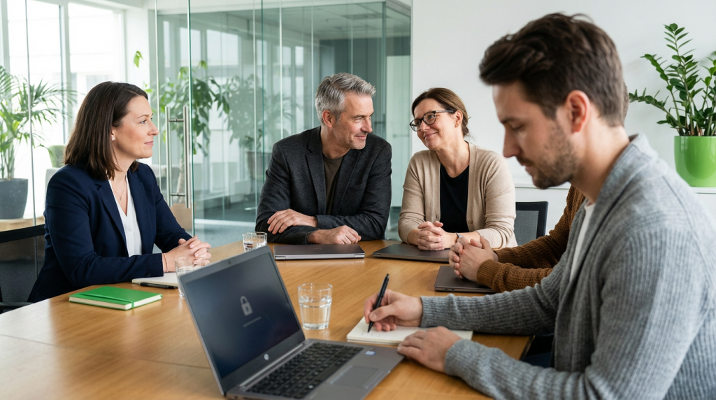 Three professionals at a modern conference table in warm natural light; the candidate takes notes while two panel members share a knowing glance and laptop screens show subtle lock icons indicating privacy-first technology. Clean, uncluttered composition with green brand accents and shallow depth of field to emphasize faces and hands.