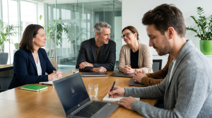 Three professionals at a modern conference table in warm natural light; the candidate takes notes while two panel members share a knowing glance and laptop screens show subtle lock icons indicating privacy-first technology. Clean, uncluttered composition with green brand accents and shallow depth of field to emphasize faces and hands.